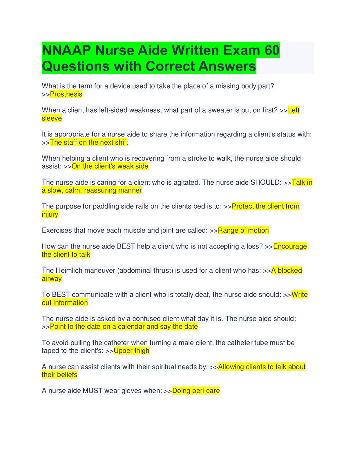 Preview of NNAAP Nurse Aide Written Exam 60 Questions with Correct Answers